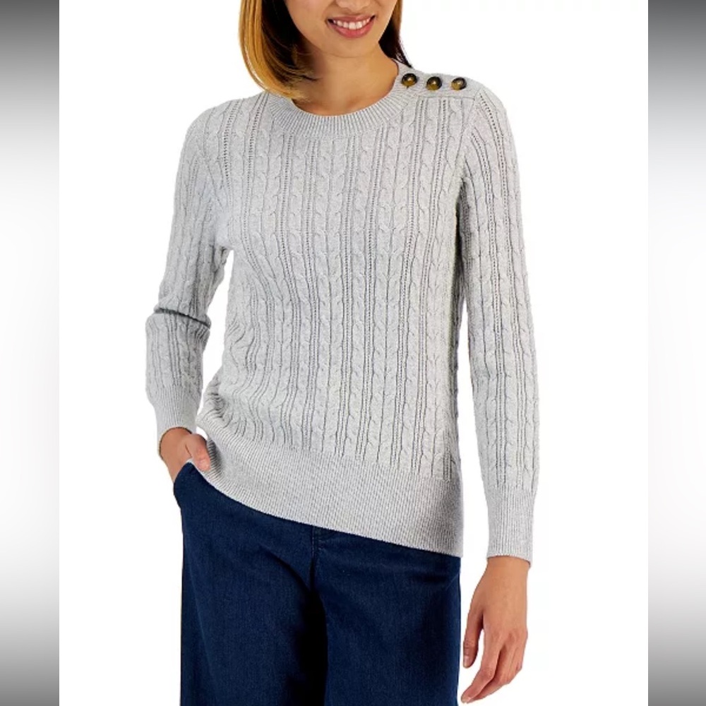 Charter Club Button-Shoulder Silver Cable-Knit Sweater Size XL